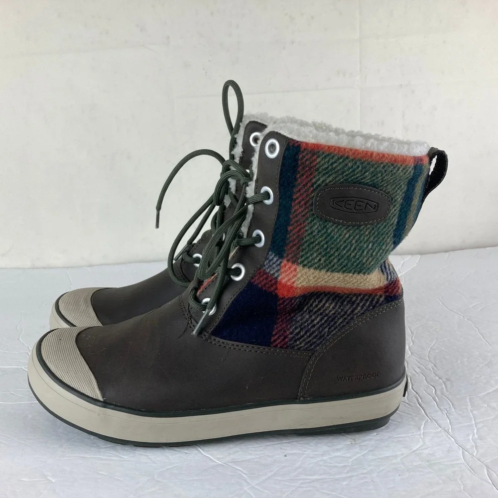 KEEN Elsa Waterproof Winter Boots Sz 8.5 Brown Plaid Faux Fur Lined Snow‎ Rain